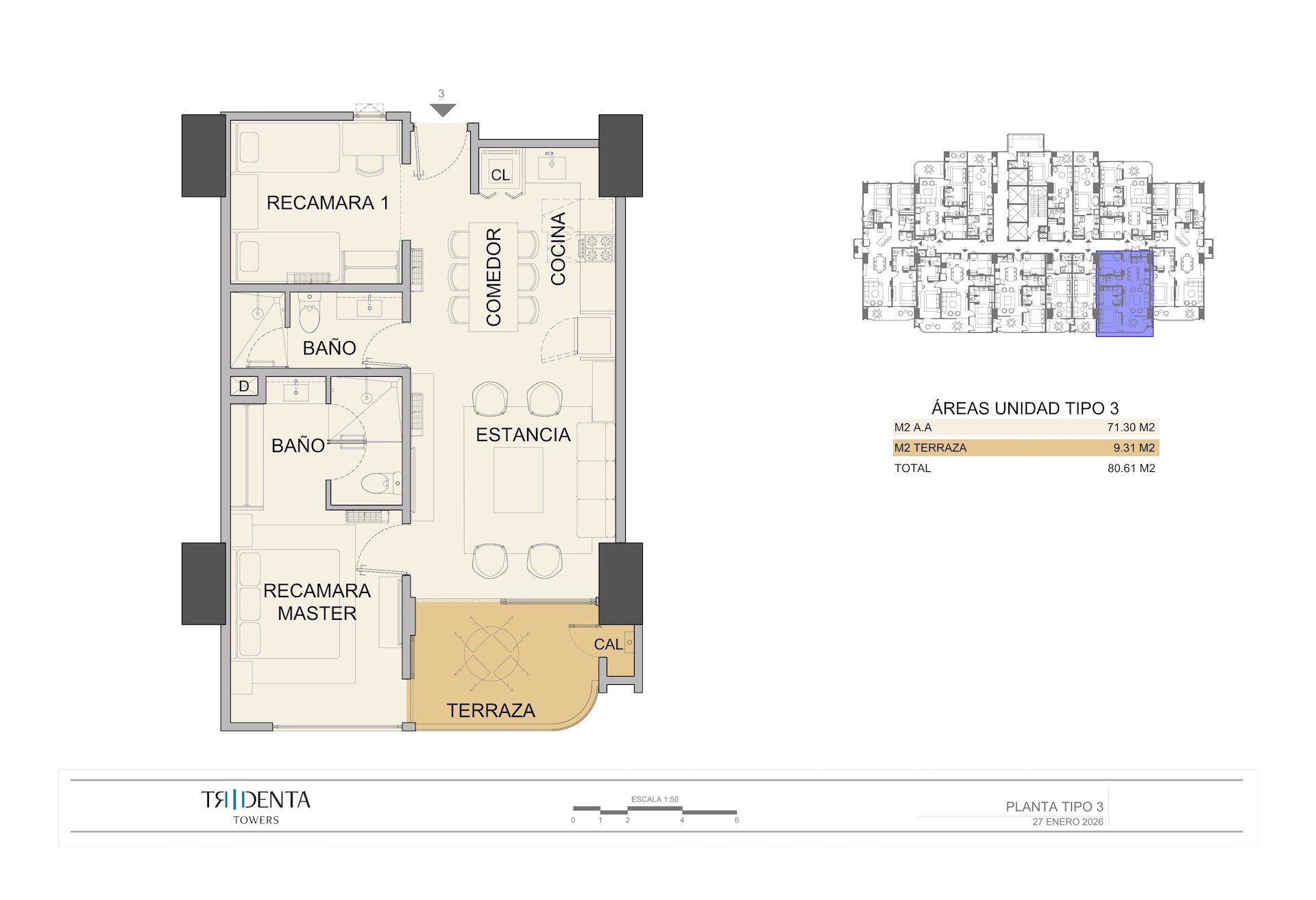 Planos de la unidad PB 3 de Tridenta Towers