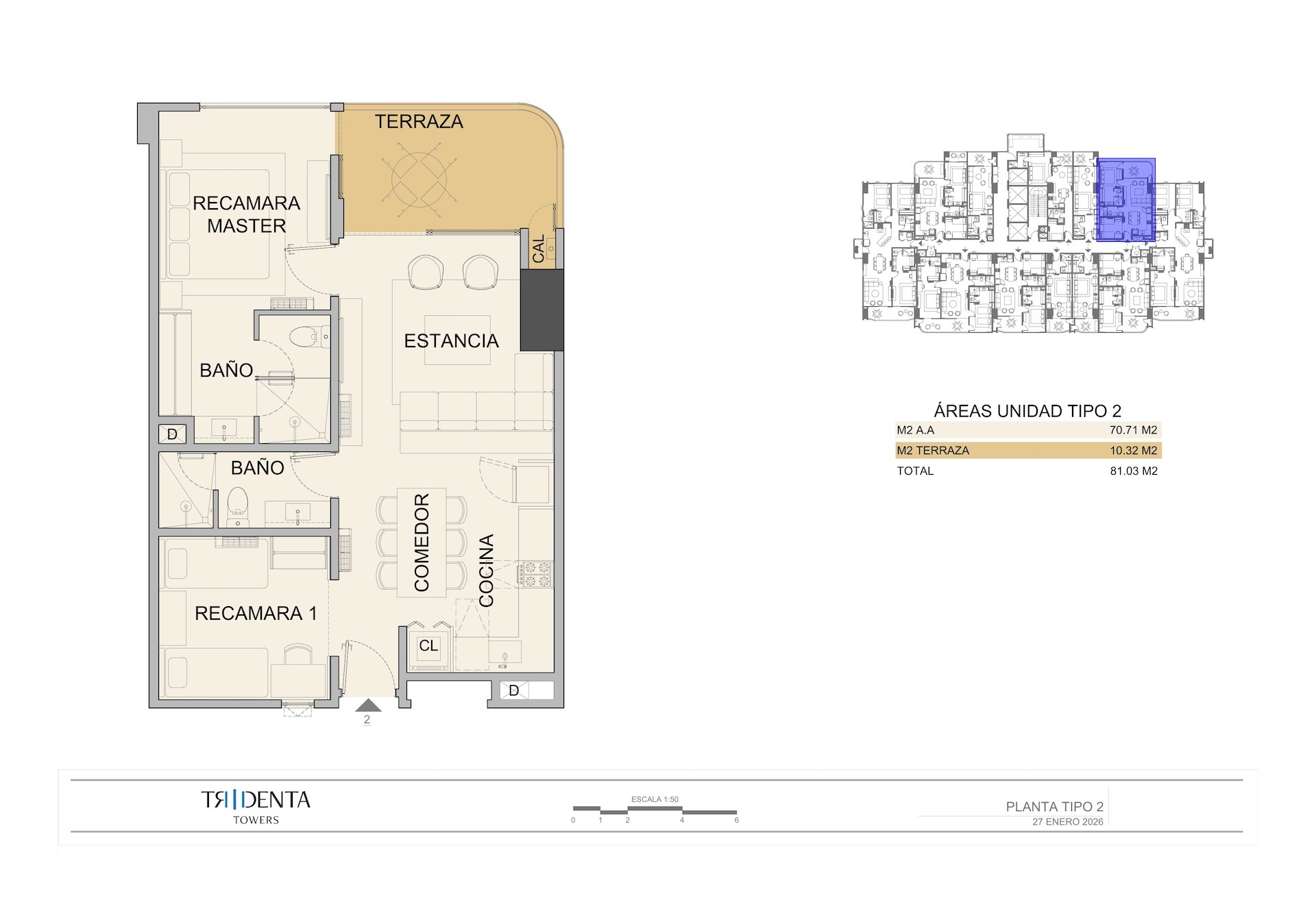 Planos de la unidad 2702 de Tridenta Towers