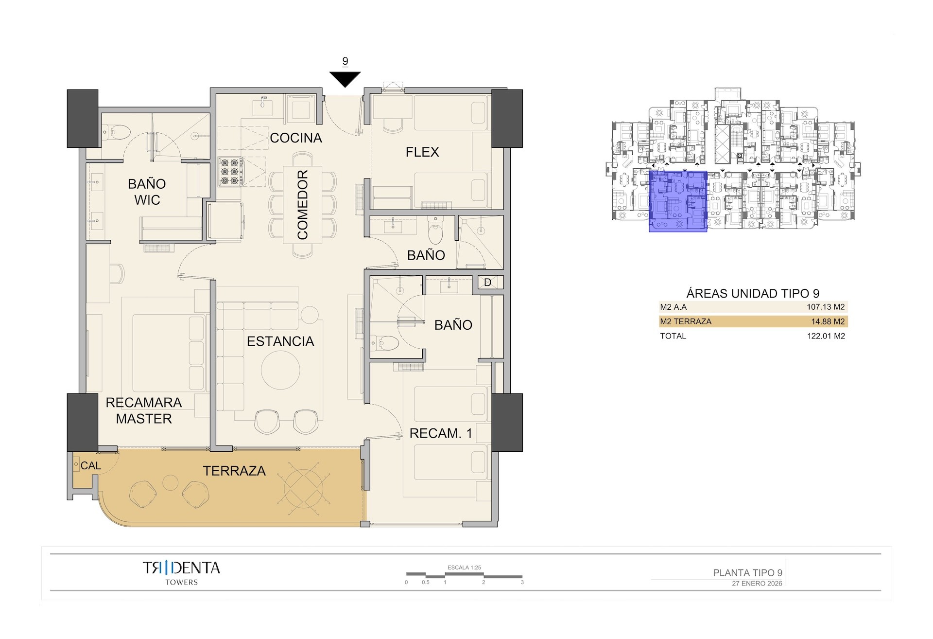 Planos de la unidad 809 de Tridenta Towers