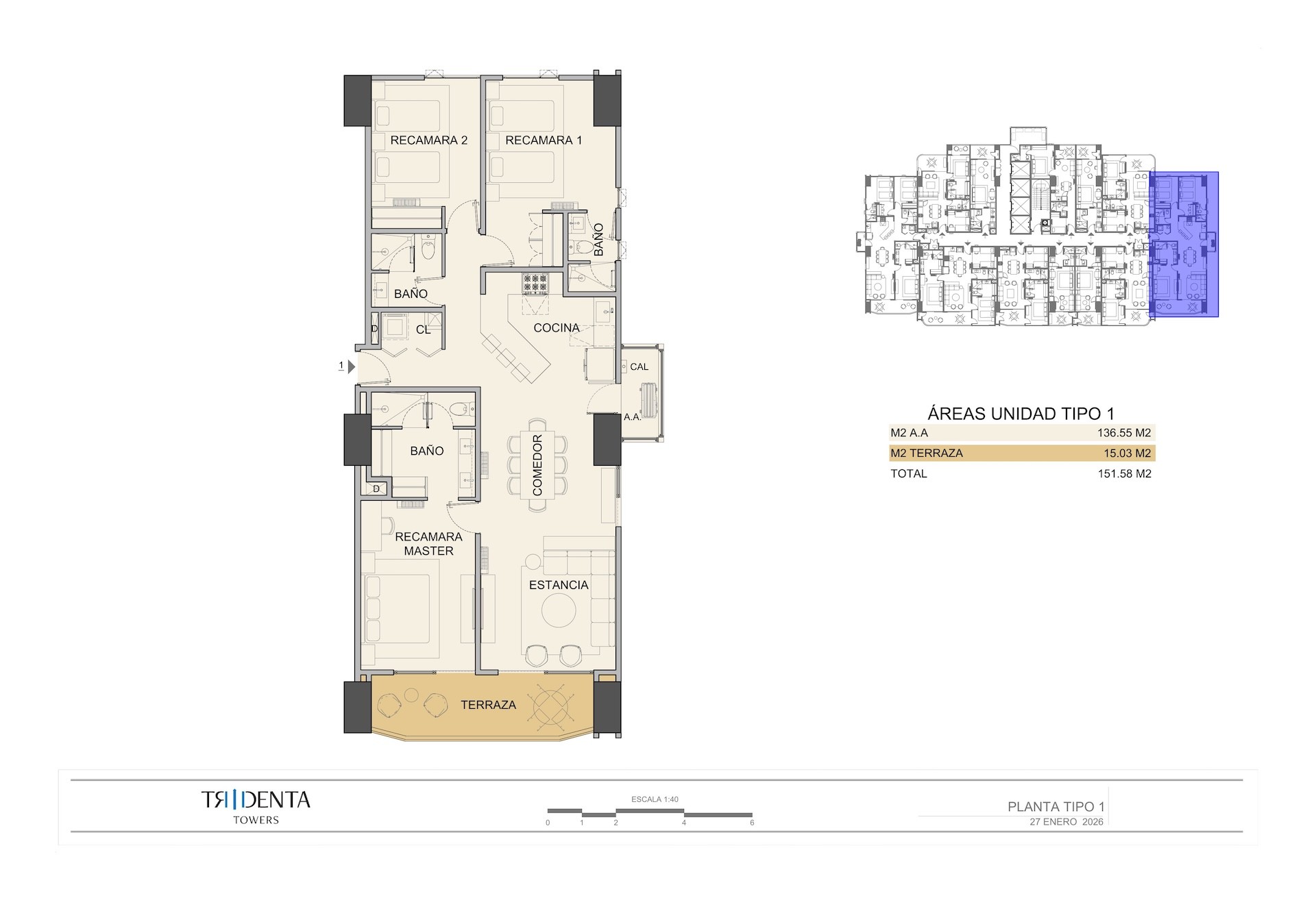 Planos de la unidad 1401 de Tridenta Towers